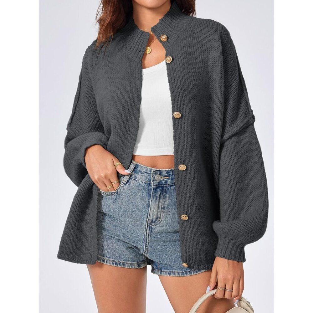 Women's  Dark Gray Oversized Cardigans Button Down Chunky Fall Sweater Coats - Picture 2 of 5